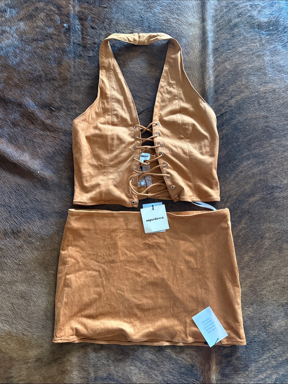 Suede Lace-Up Halter Crop Top and Mini Skirt Set - Cognac - Picture 2 of 3